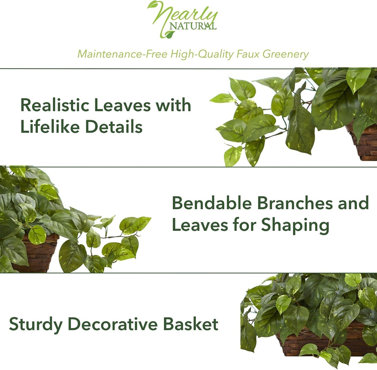 Nearly Natural 34 in Artificial Pothos Ivy Plant with Ledge Basket