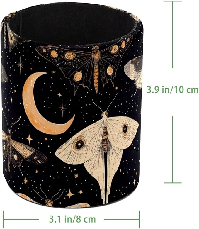 Leather Pen Holder for Desk, Butterflies Moth Moon Pencil Cup Desktop Organizer - Image 4