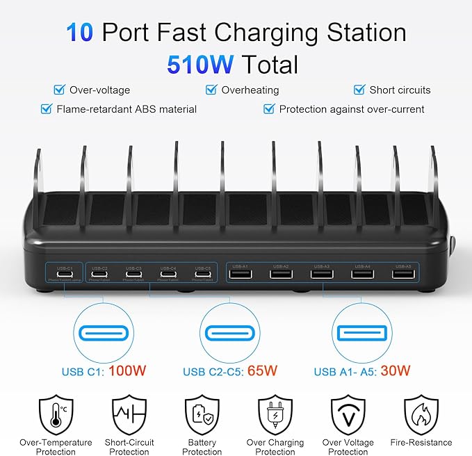 510W Fast Charging Station for Multiple Devices, 10 Port USB C Charger Station - Image 4