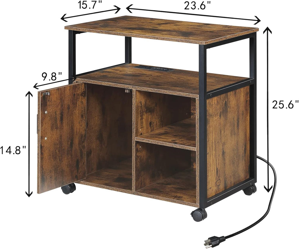 Lateral File Cabinet,Office Filing Cabinets with Socket and USB Charging Port,Modern Rolling Printer Stand with Storage for A4, Letter Size and File Folders,for Home Office, Rustic Brown