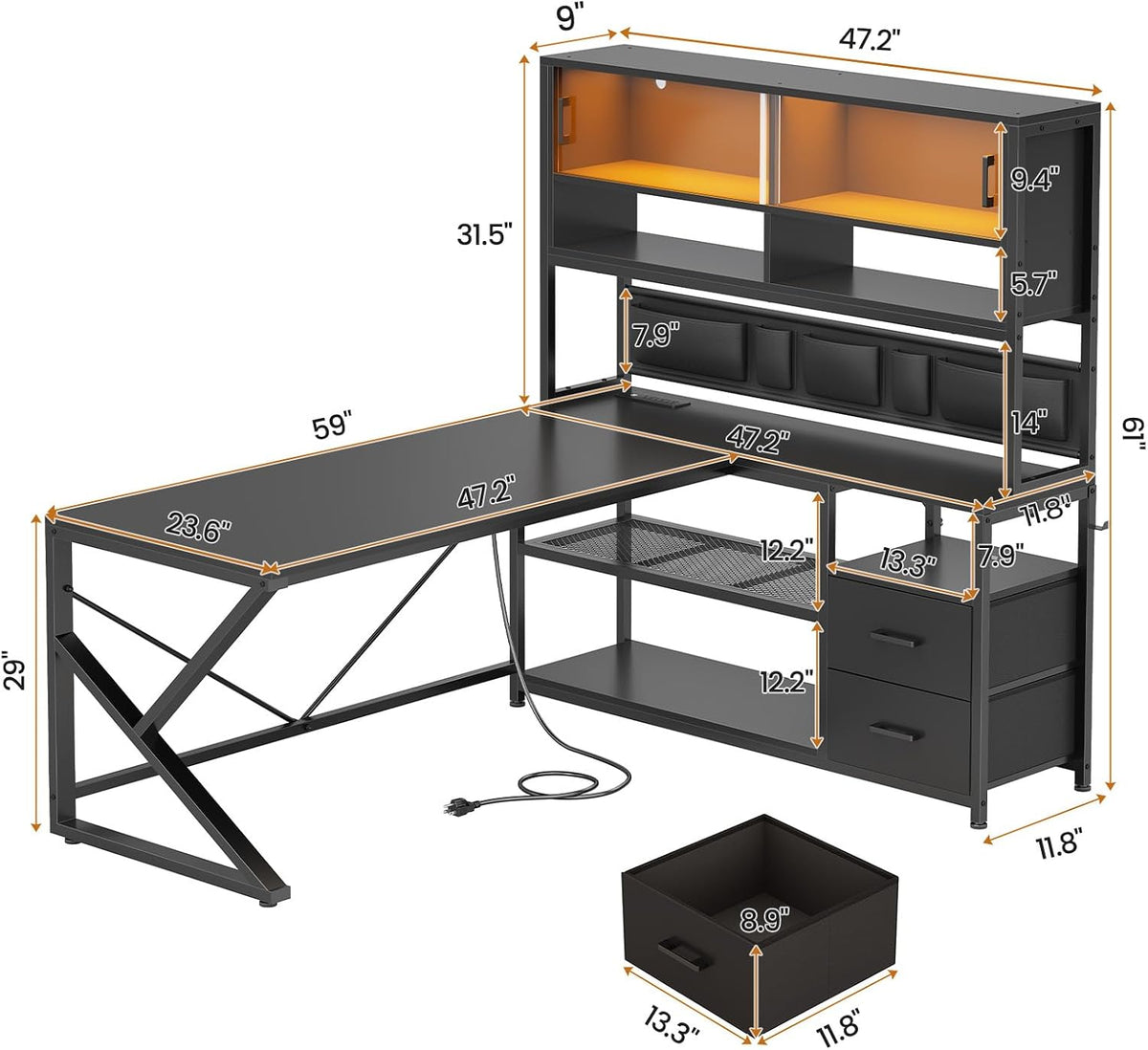 SEDETA L Shaped Gaming Desk with Storage Shelves, 2 Drawer, LED Light