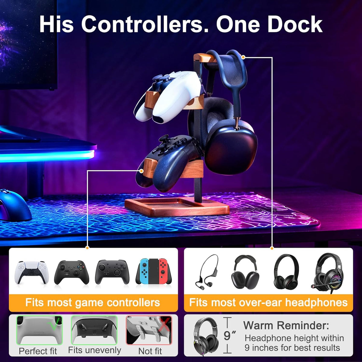 Solid Wood Controller Holder and Headphone Stand, Controller Stand for Desk