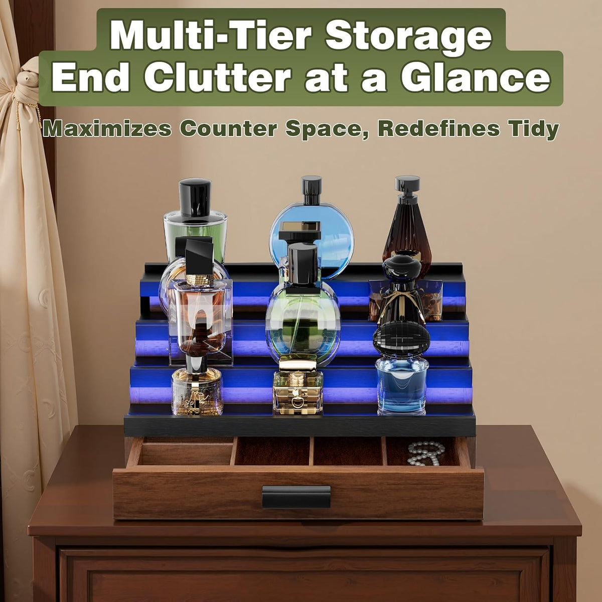 Perfume Cologne Organizer for Men: with LED Light 4 Tier Wooden Perfumes Stan...
