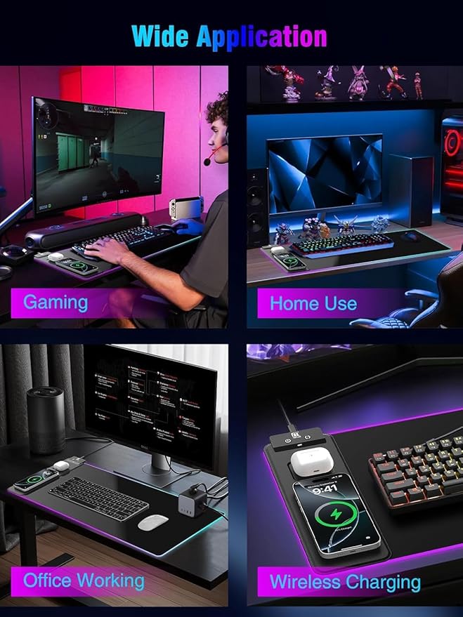 Mouse Pad with Magnetic Wireless Charging, Large Desk Pad Protector, RGB Black - Image 7