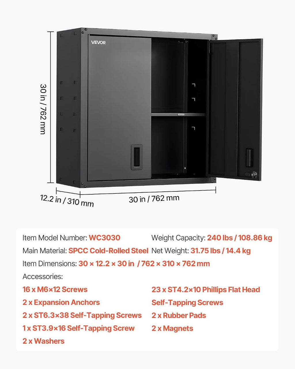 vevor metal wall cabinet, 30w x 12.2d x, front angle view