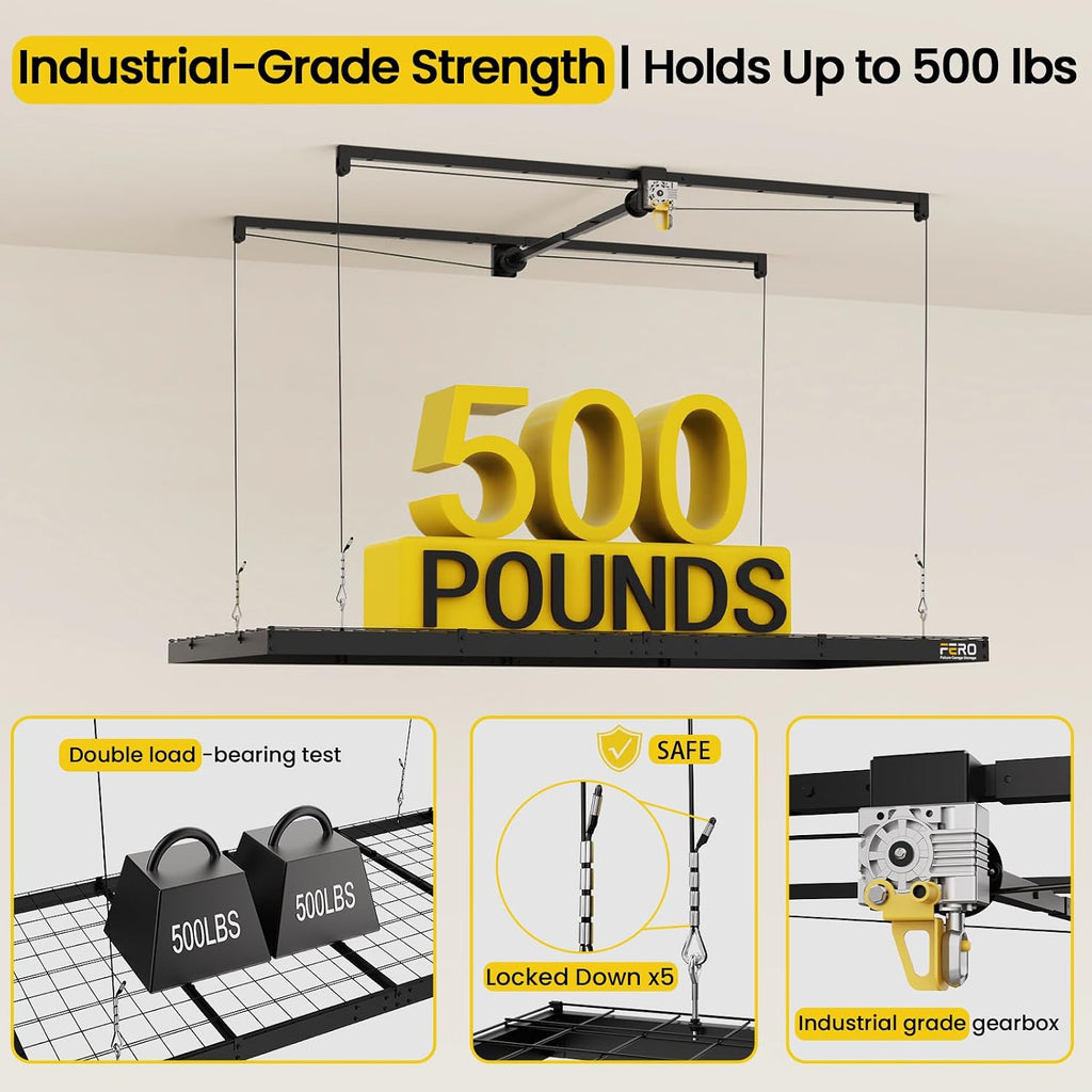 fero overhead garage storage rack 4x8, 500 lb, side view