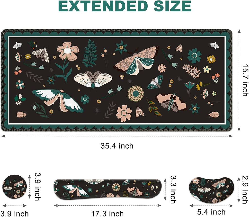 Large Mouse Pad and Keyboard Wrist Rest, Desk Pad for Keyboard and Mouse, Gaming Mousepad with Wrist Support, Non-Slip Desk Mat for Home Office, Black Butterfly Flower