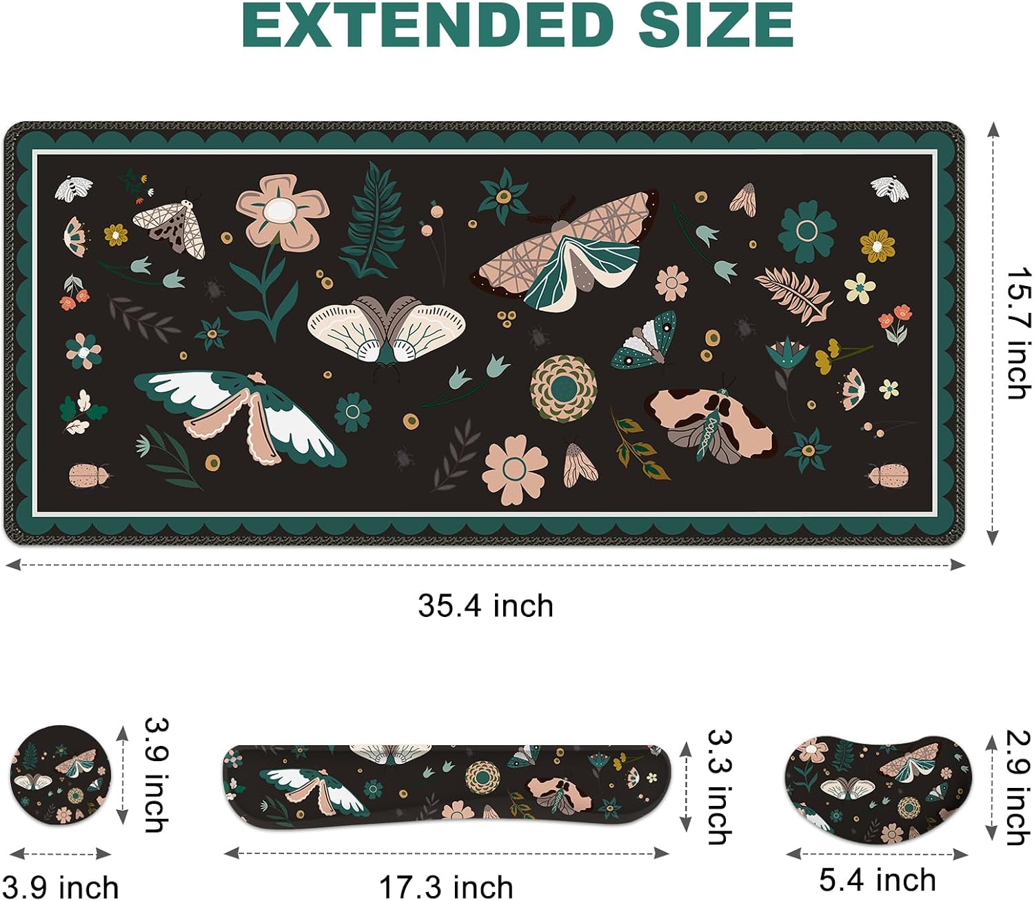 Large Mouse Pad and Keyboard Wrist Rest, Desk Pad for Keyboard and Mouse, Gaming Mousepad with Wrist Support, Non-Slip Desk Mat for Home Office, Black Butterfly Flower