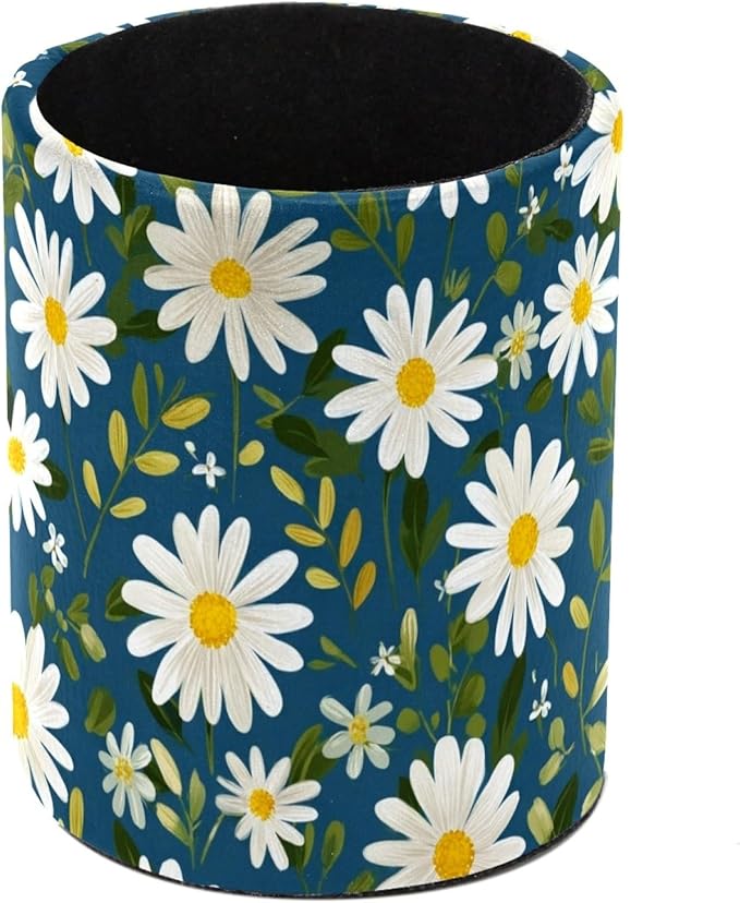 Leather Pen Holder for Desk Small Daisies Leaf Pencil Cup Desktop Organizer by Unknown