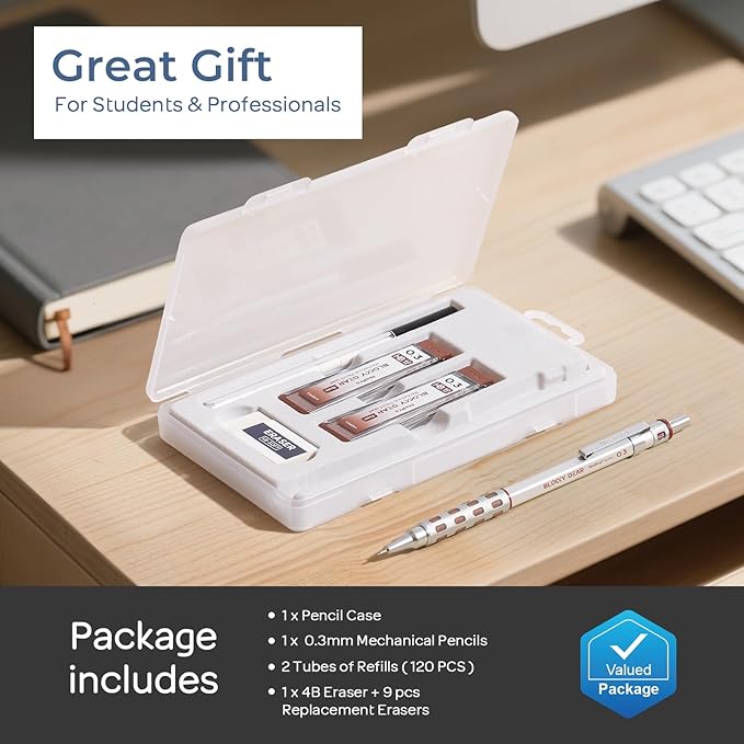 Nicpro Blocky Gear 0.3 mm Mechanical Pencils Set in Case, Metal Pencil - Image 6