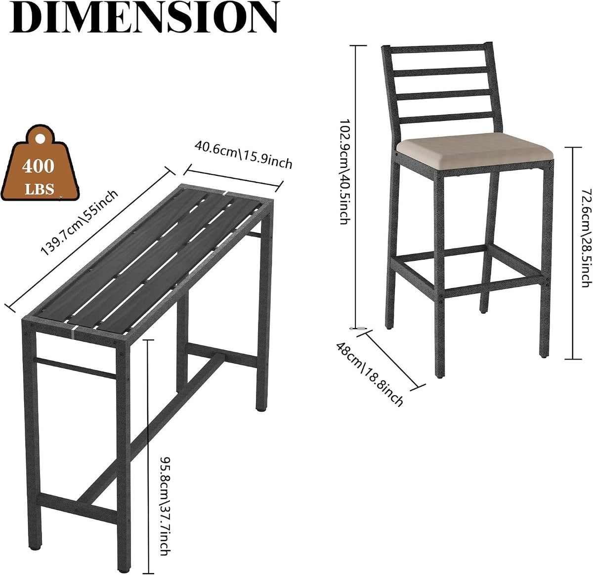 3Pcs Outdoor Patio Bar Set, 55" Rectangular High Top Table & Chair Set
