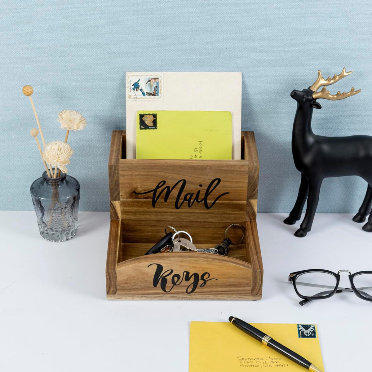 MyGift Premium Acacia Solid Wood Mail Holder and Key Organizer, Entryway Stor...