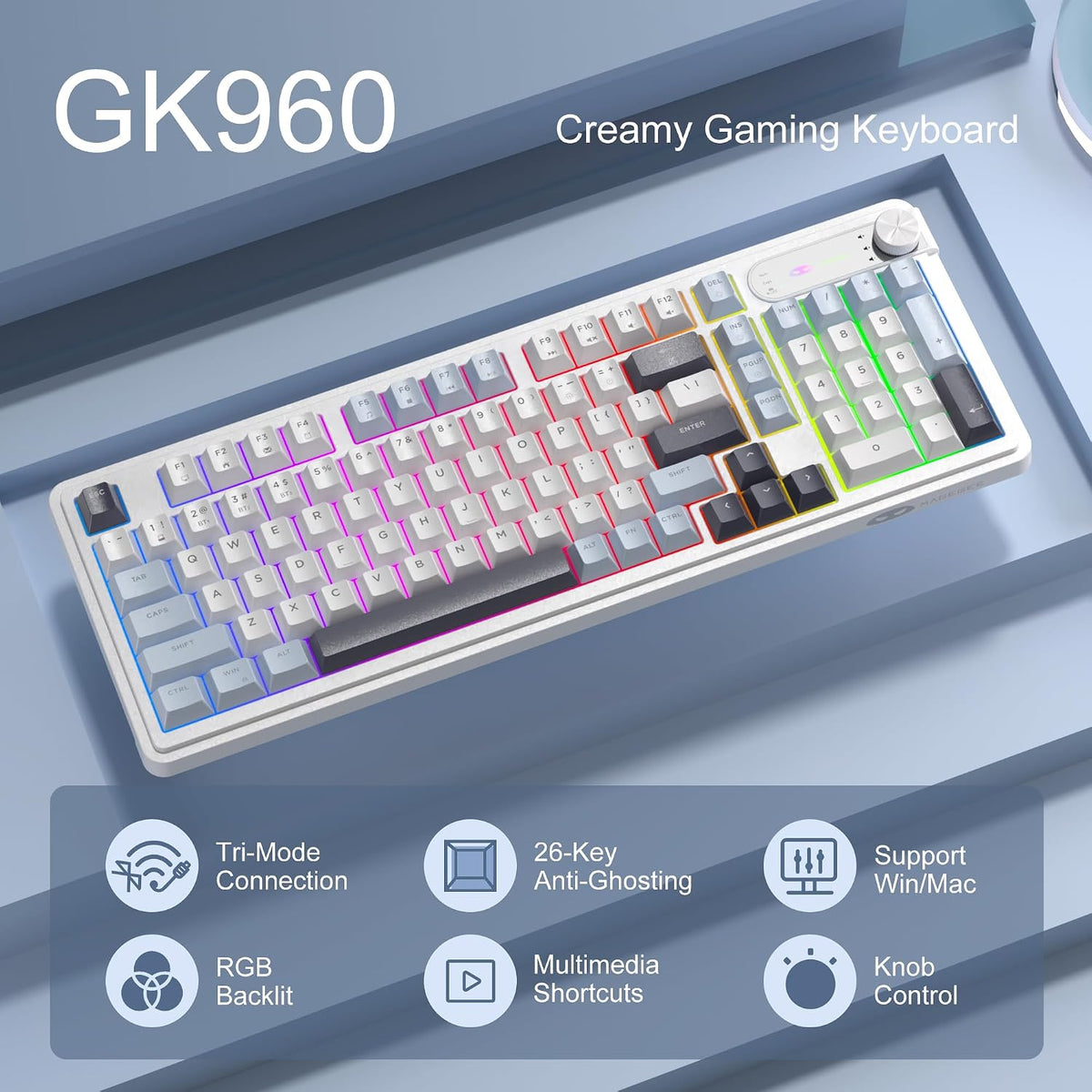 MageGee GK960 Wireless Keyboard, 98 Keys Tri-Mode BT/2.4G/Wired Membrane Gami...
