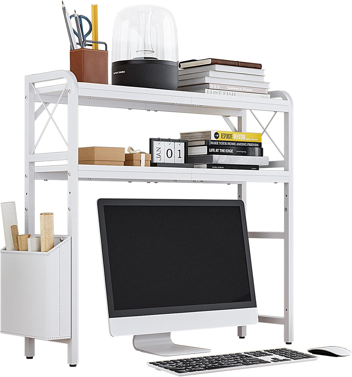 Desk Hutch Dorm with Adjustable Shelves and Side Pockets