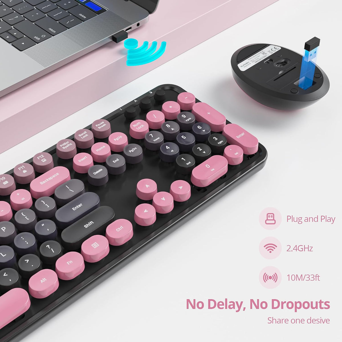 Guffercty kred Black and Pink Keyboard and Mouse Wireless, Retro Typewriter C...