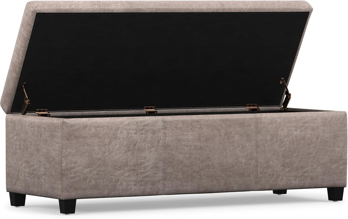 SIMPLIHOME Avalon 48" Wide Vegan Leather Storage Ottoman in Grey