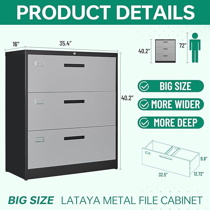 Letaya File Cabinet with Lock-Lateral 3 Drawer Metal Filing - Image 3