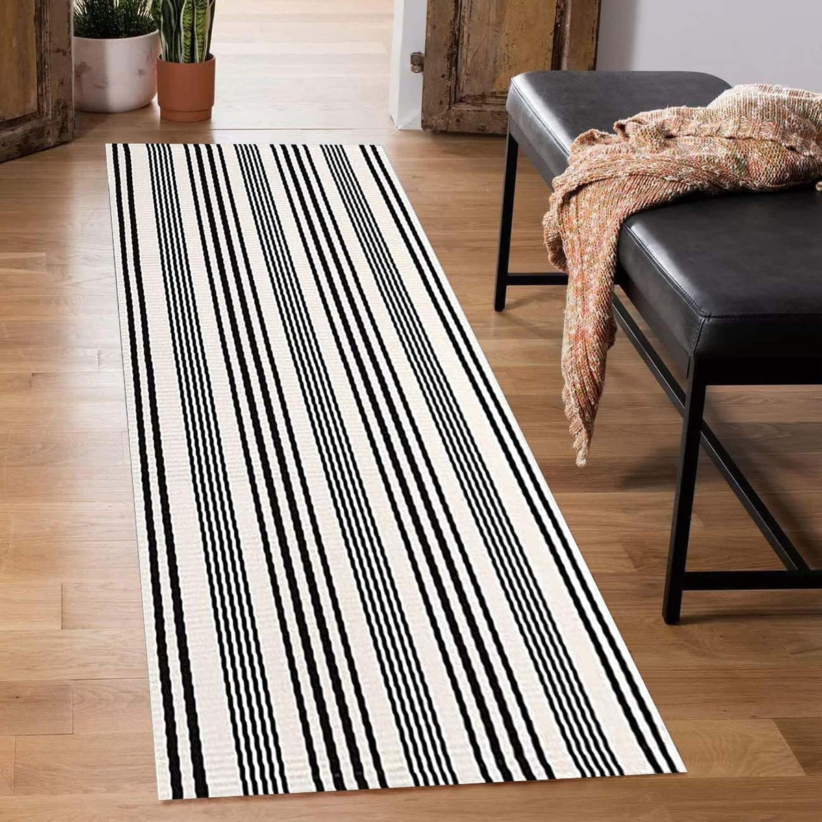 black and white striped runner rug 2x6ft,washable outdoor, main product view