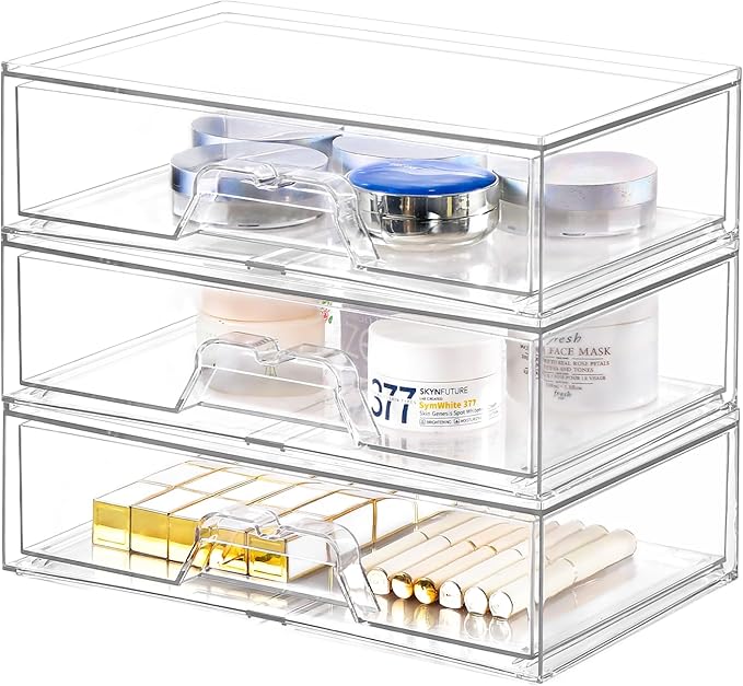 3 Pack Stackable Makeup Organizer, 12.1''L Acrylic Bathroom Organizer and by Stebopum