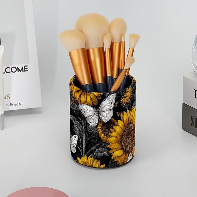 Leather Pen Holder for Desk Sunflower Butterfly Pencil Cup Desktop Organizer - Image 6