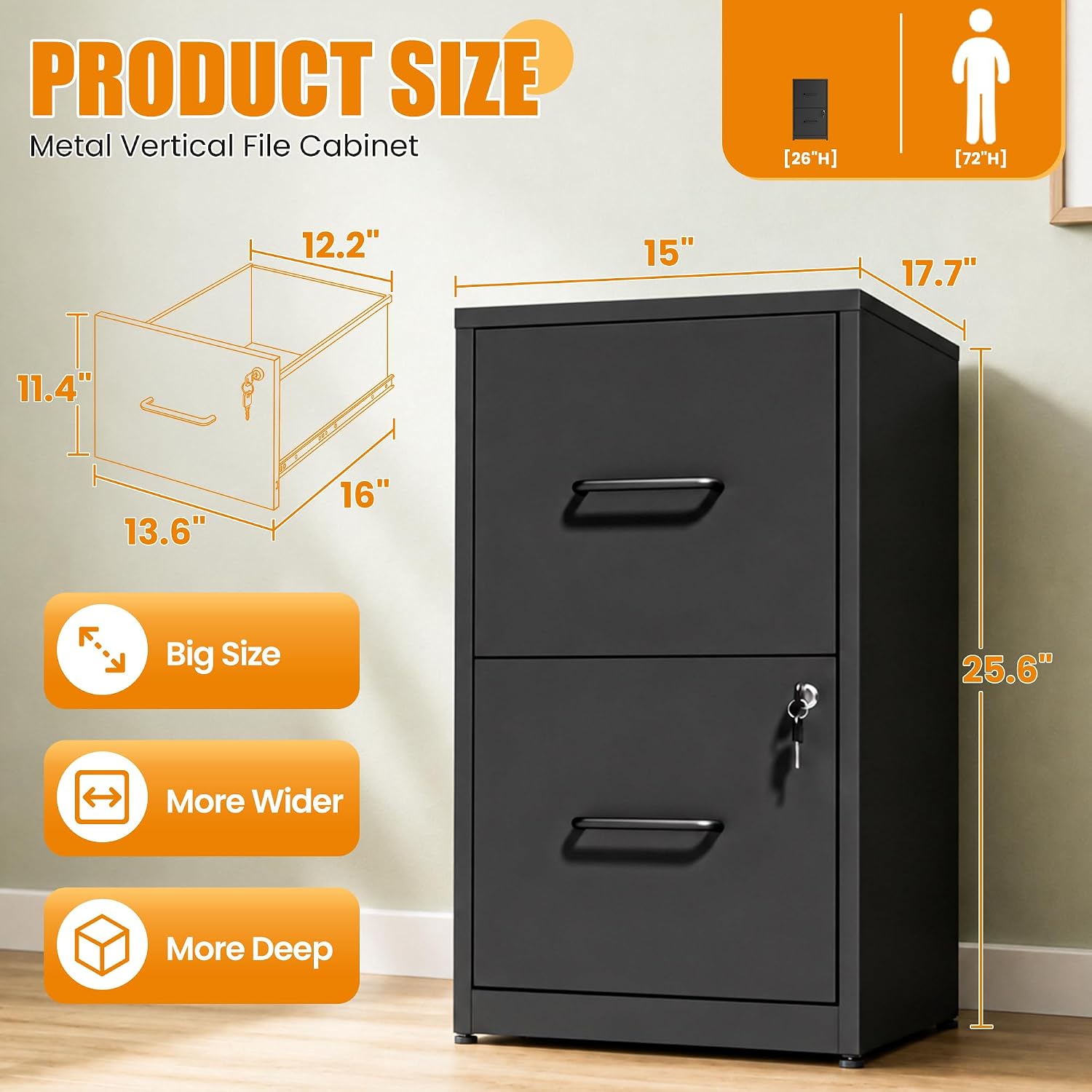 2 Drawer File Cabinet with Lock, Metal Vertical File Cabinets for Home Office, Office Furniture for Organization Hanging Legal/Letter/A4, Office File Cabinet Storage Cabinet, Require Assembly, Black | Black Steel Locking Vertical File Cabinet, Hanging