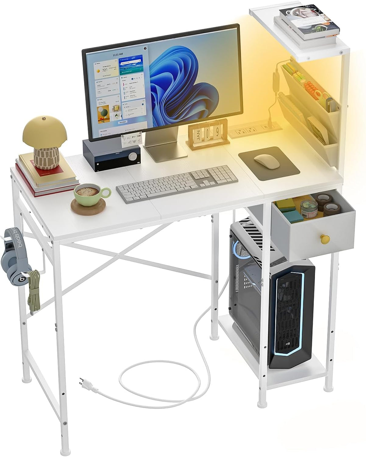 Jakyitvi 33.7" Computer Desk with Power Outlets, LED Lights & Drawer...
