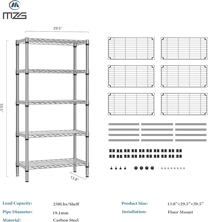 M MZG 1250 lbs 5 Tier Shelf Metal Storage Shelves Shelving Wire Rack Heavy Duty - Image 3