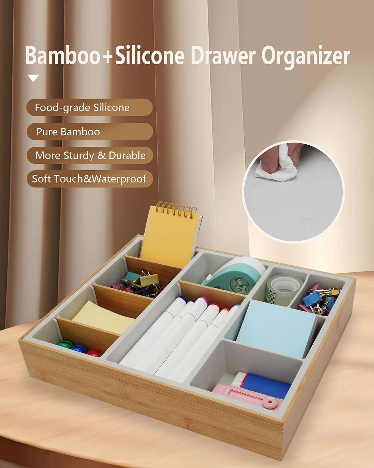 Office Drawer Organizer, Bamboo Desk Drawer Organizer with 4 Removable Divide...