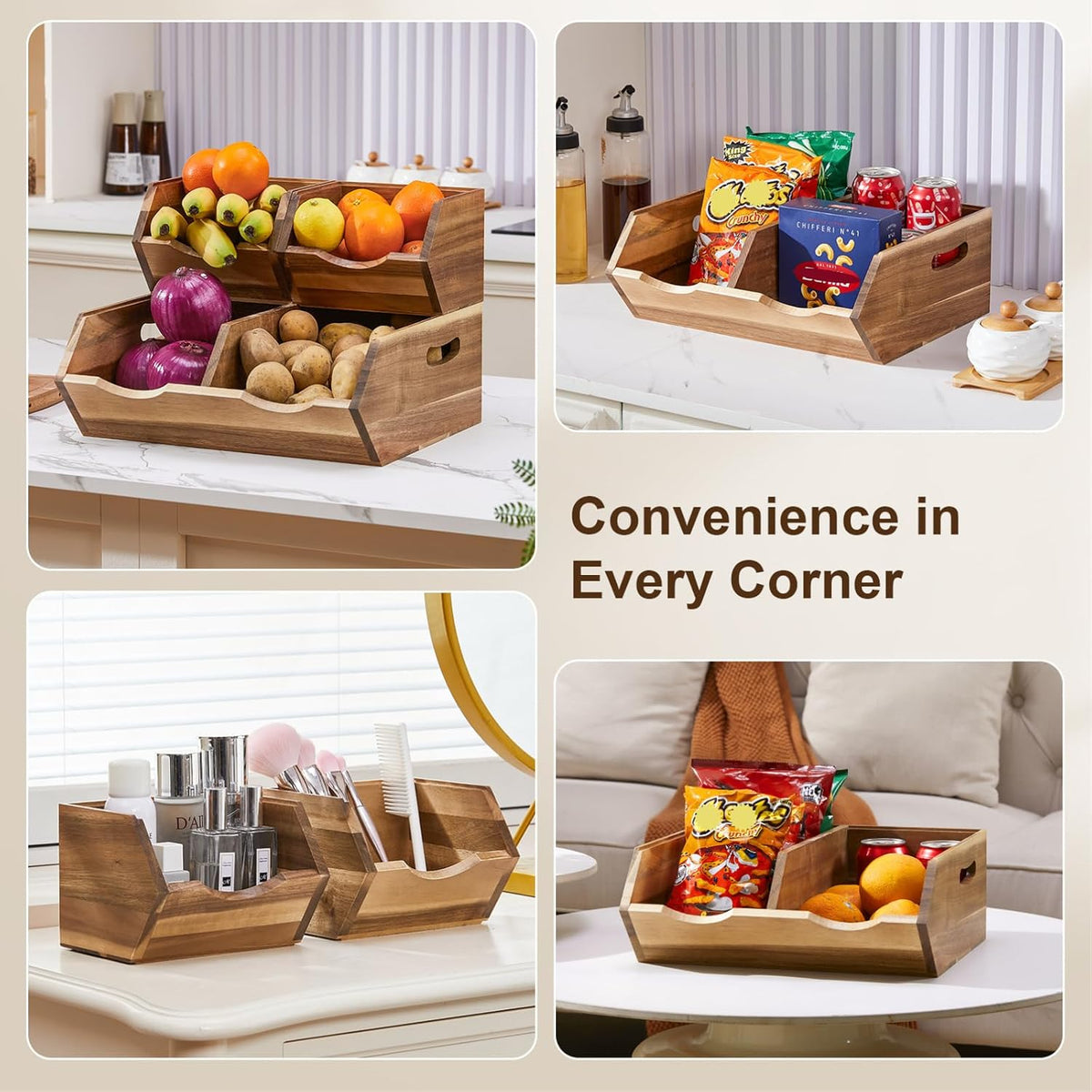acacia wood pantry storage bins, stackable storage baskets, package contents
