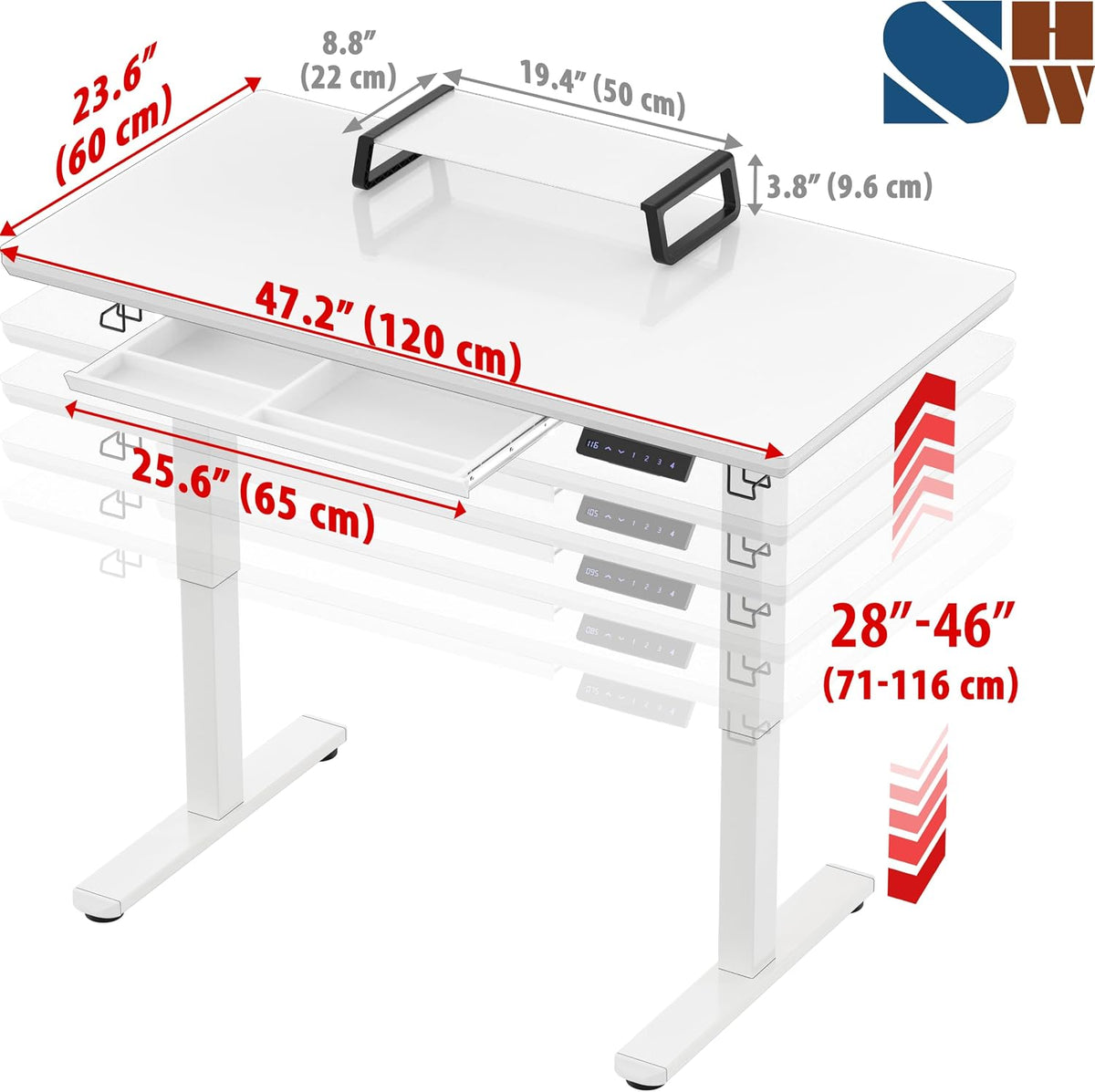 SHW 47-Inch Glass Electric Height Adjustable Standing Desk, White