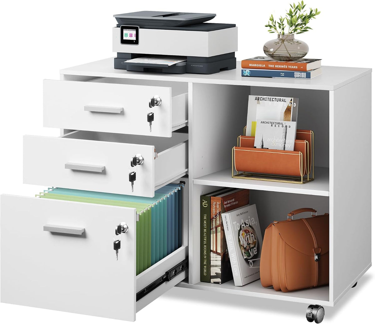 devaise 3-drawer file cabinet with lock, mobile wood, main product view