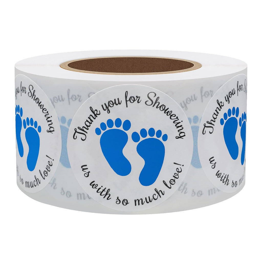 Hybsk 1.5 Inch Round Baby Shower Stickers, Thank You for Showering Us with So Much Love Blue Foot Print Total 500 Labels Per Roll (Blue Footprint)