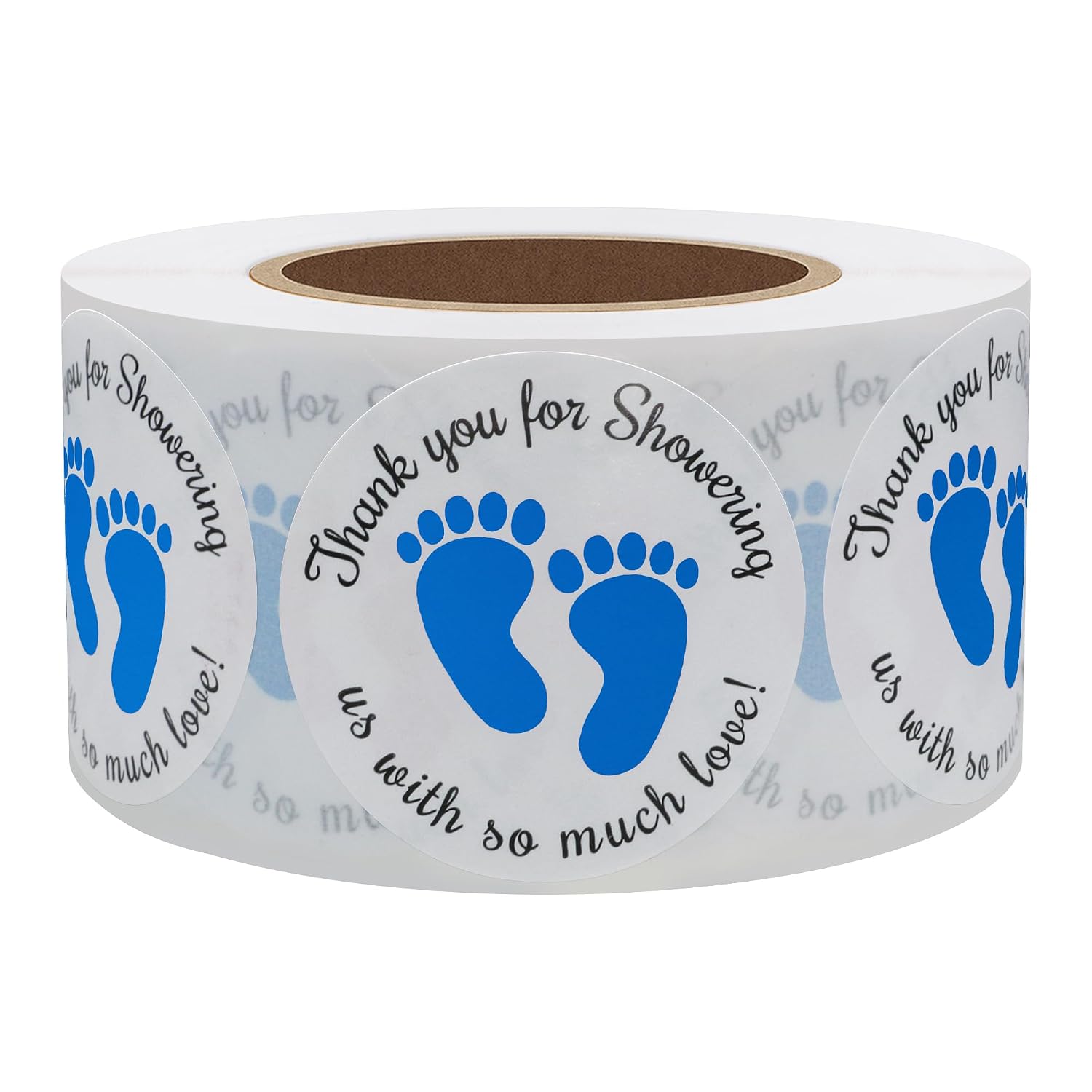 Hybsk 1.5 Inch Round Baby Shower Stickers, Thank You for Showering Us with So Much Love Blue Foot Print Total 500 Labels Per Roll (Blue Footprint)