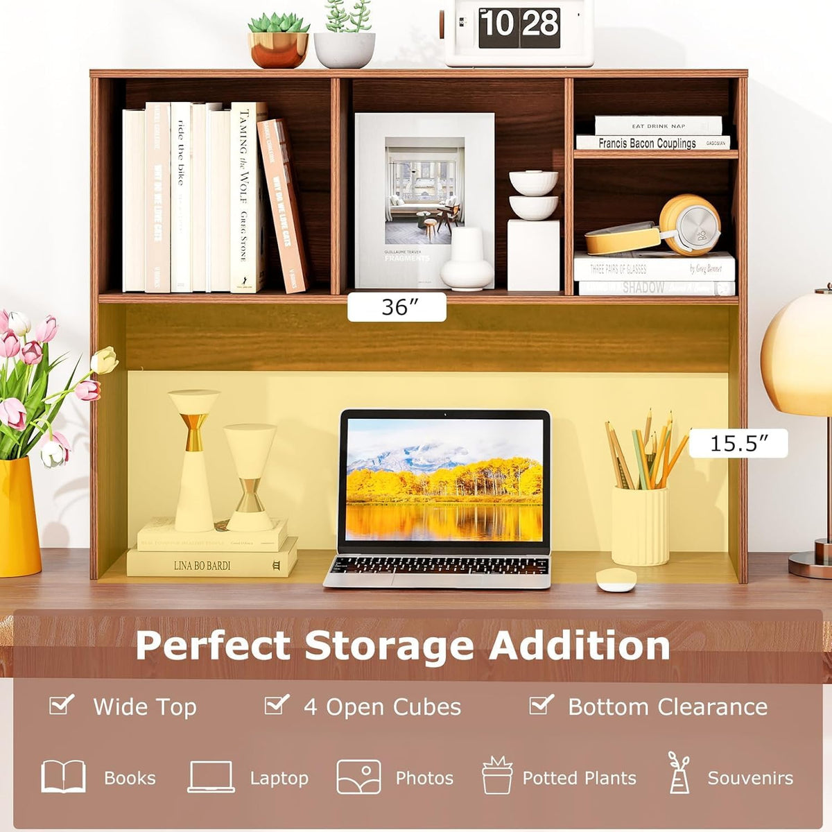 Desktop Bookshelf, 3-Tier Wood Countertop Bookcase w/ 5 Cubbies