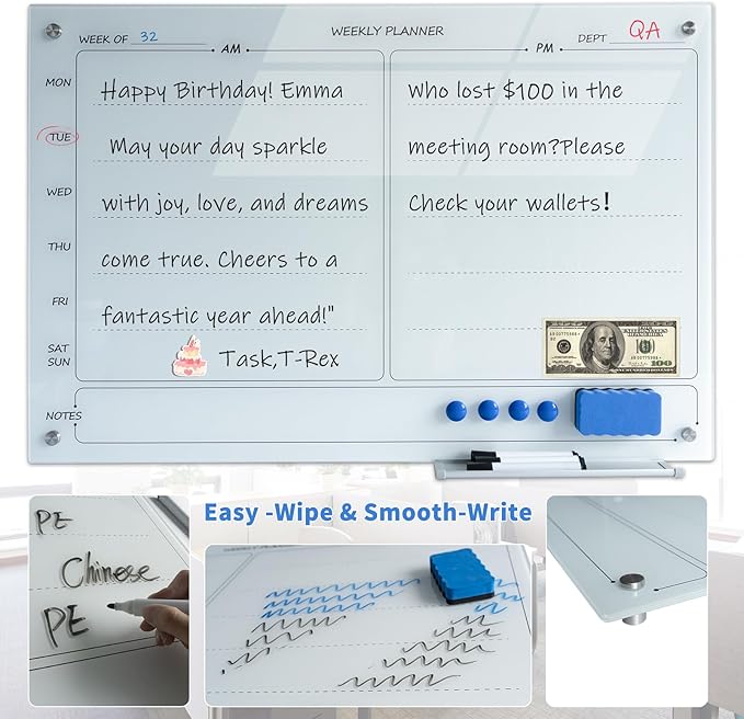 Magnetic Planner Writeboard 24"X36" Weekly Glass Calendar White Glassboard - Image 5