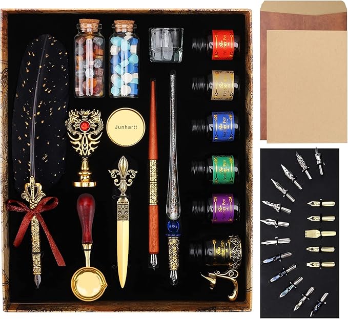 Junhartt Quill Feather Pen and Ink Set, Calligraphy Pen Glass Dip Pen and Wax by Junhartt