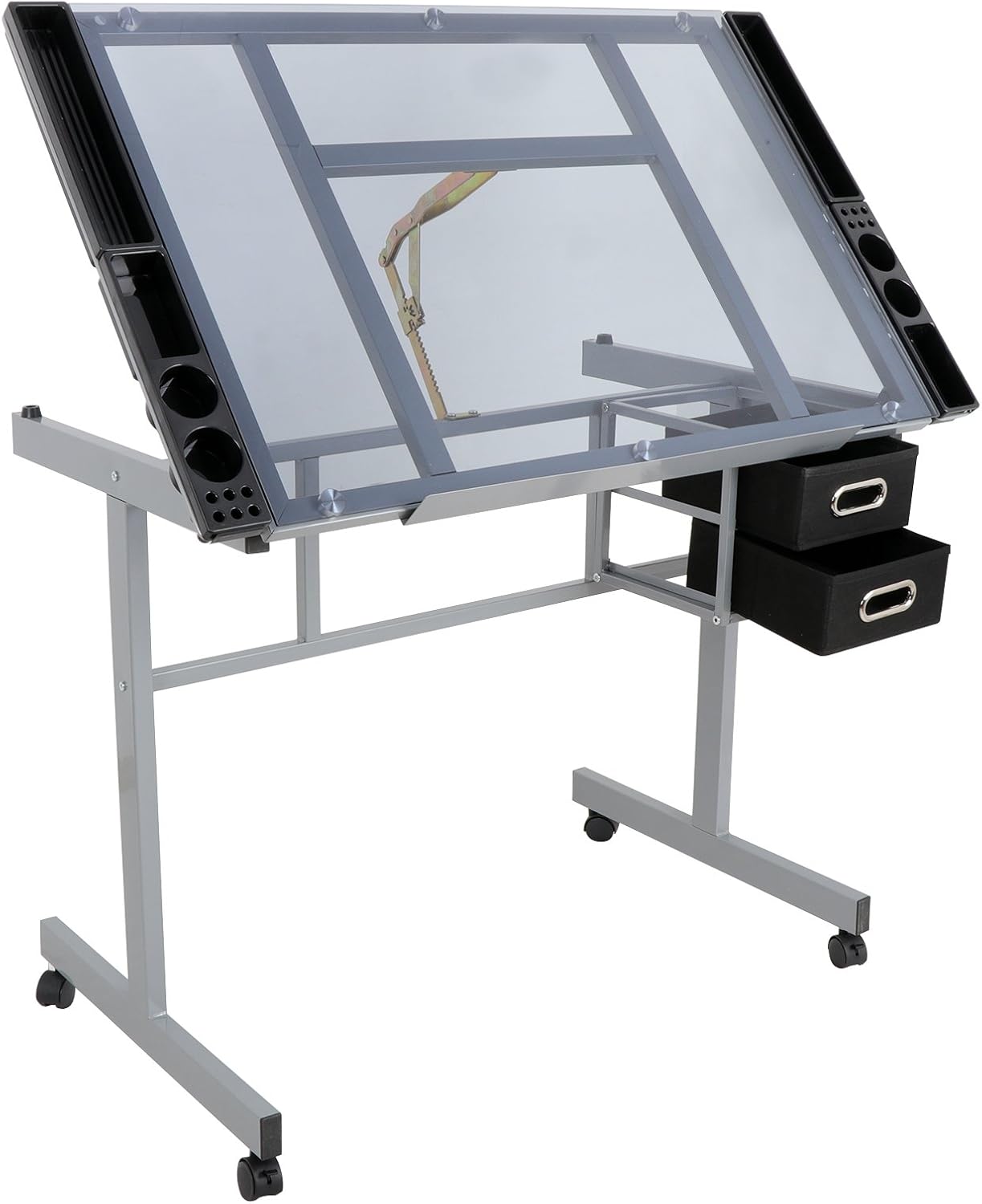 JupiterForce Adjustable Drafting Table Art Desk Drawing Table Versatile Art Craft Work Station Glass Tabletop w/2 Slide Drawers and Wheels for Reading, Writing, Painting Home Office