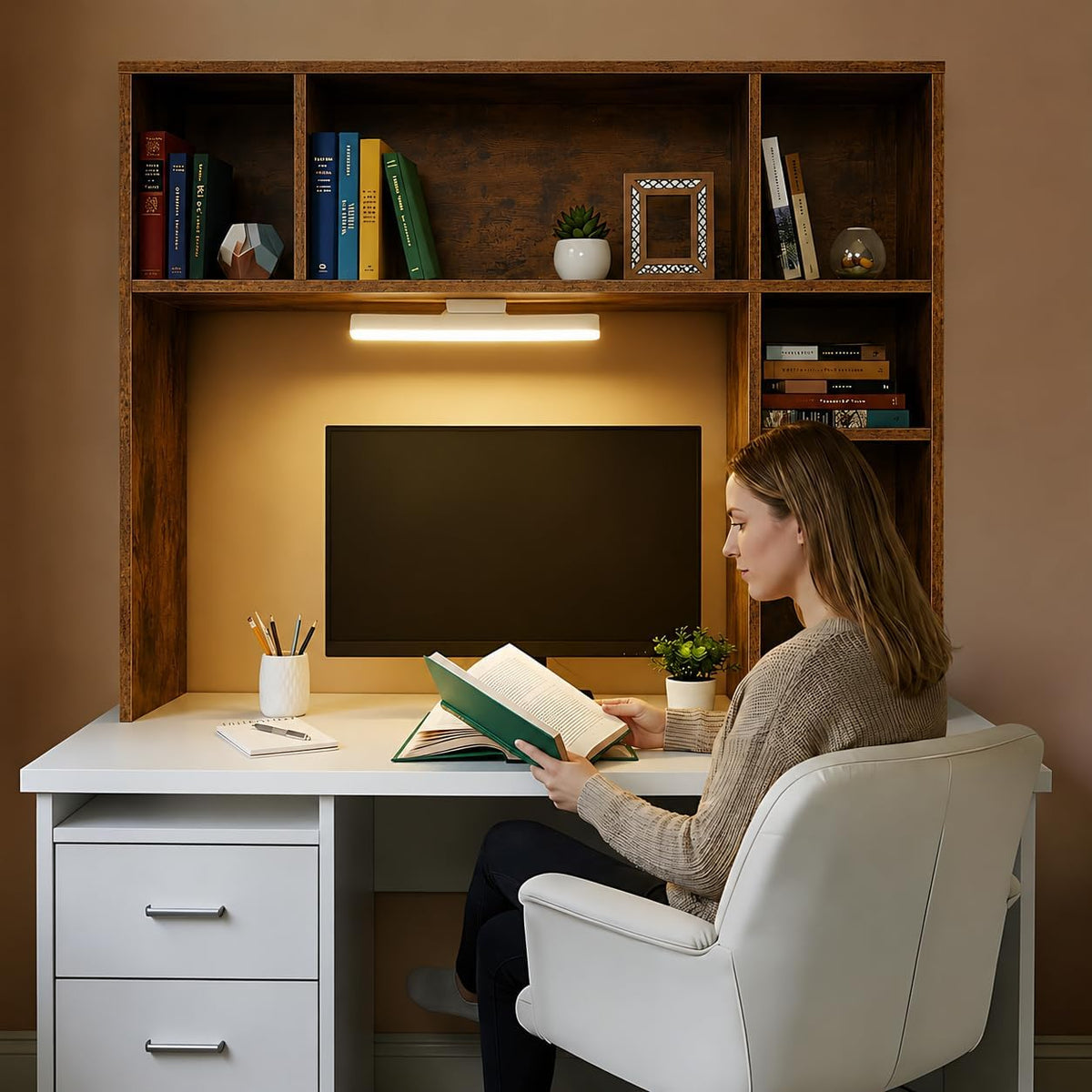 3 Tier Desktop Bookshelf with Rechargeable Eye-Friendly LED Desk Light, Desk ...