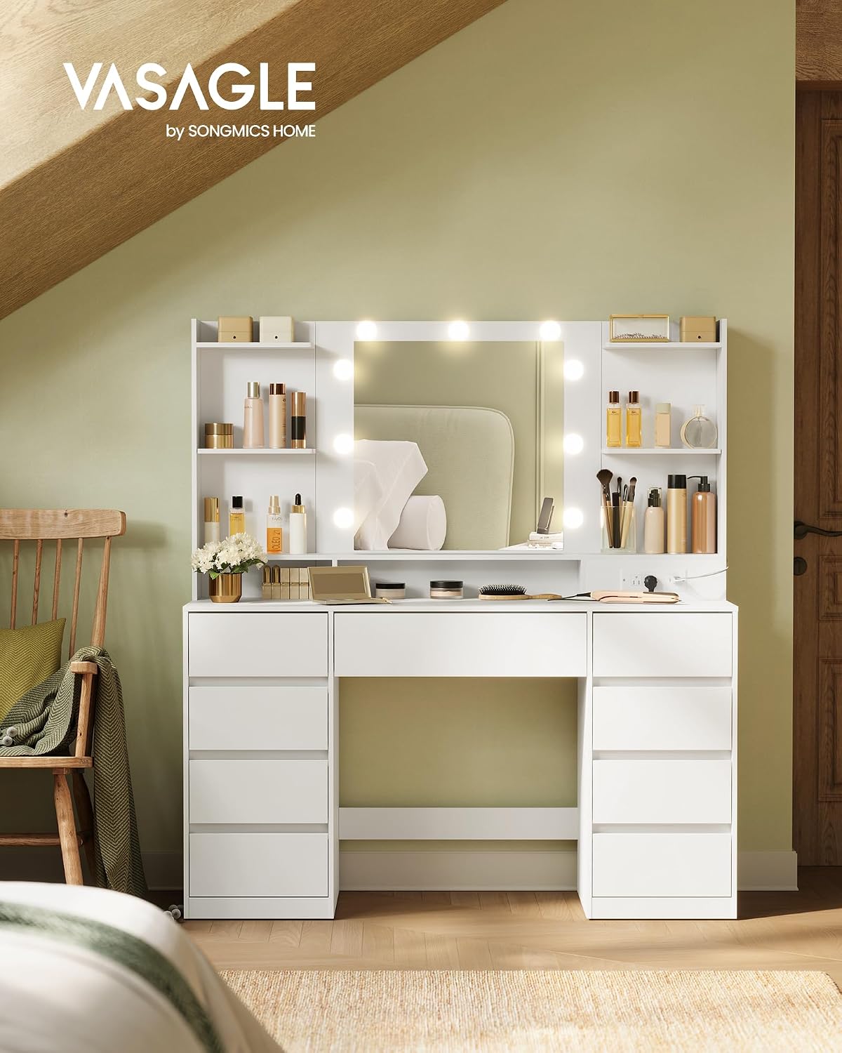 VASAGLE 43.3-Inch Vanity Desk with Mirror and Lights, 9 Drawers