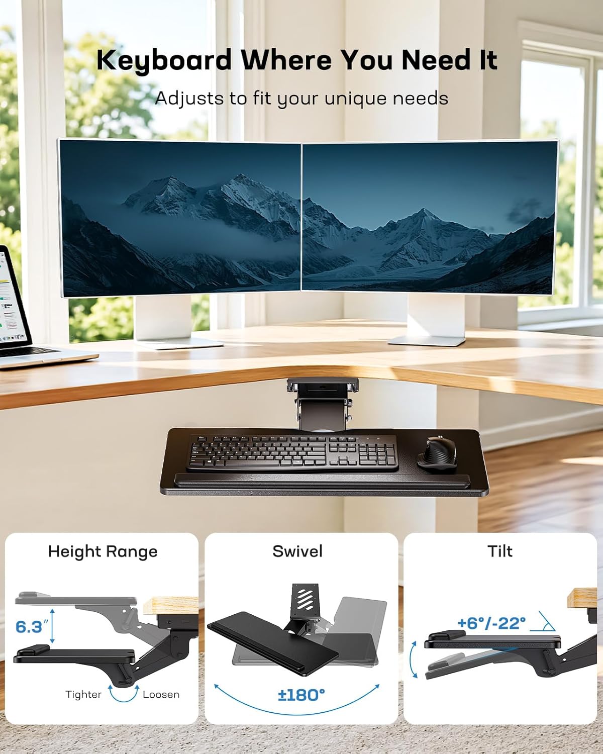 HUANUO Under Desk Keyboard Tray for Flat Bottom and Cross Beam Desks