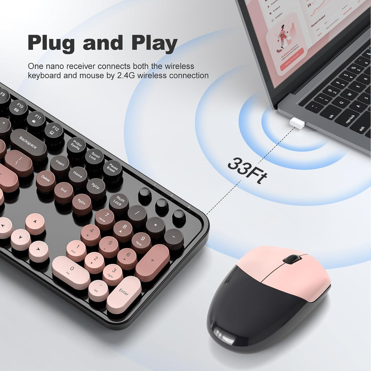 MOFII Wireless Keyboard and Mouse Combo, Retro Full Size Typewriter Keyboard ...