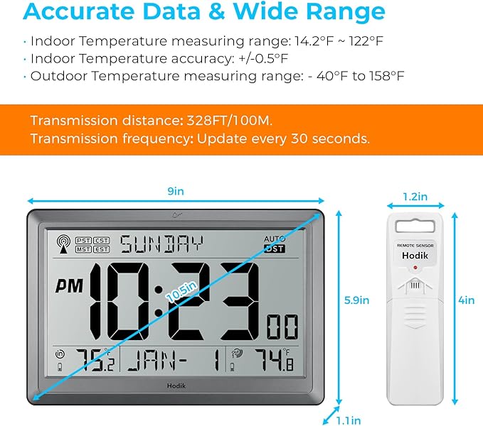 Wall Clock Atomic with Indoor Outdoor Temperature Battery Powered, Easy Reading - Image 5
