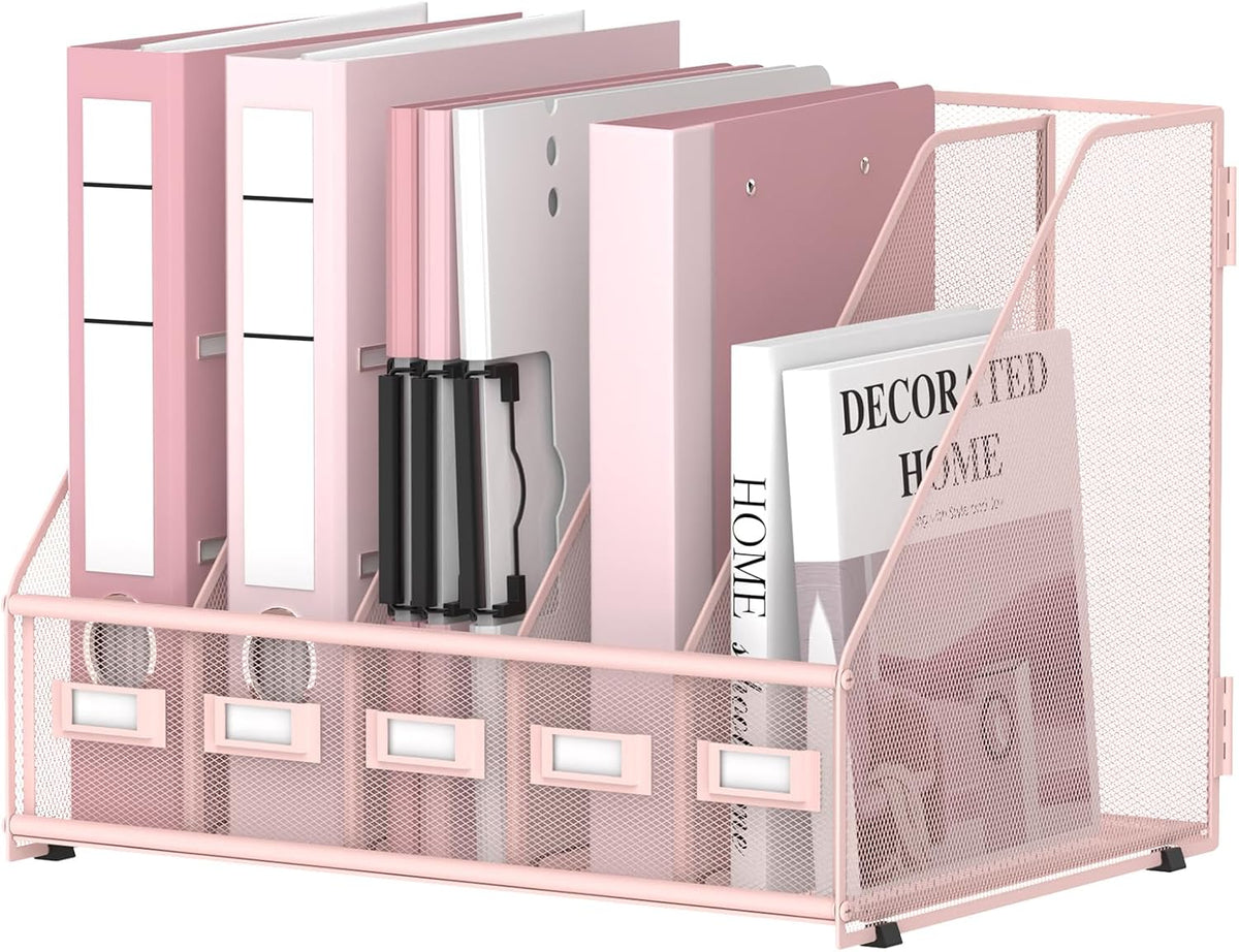 5 Vertical Compartments Magazine File Holder, Metal Binder Organizer, Pink
