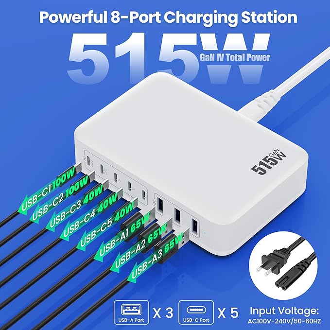 USB C Charger Block 515W GaN IV 8 Port Fast Charging Station Hub, Dual PD 100W - Image 2