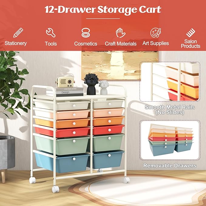 LDAILY 12 Drawer Rolling Storage Cart, Craft Cart Organizer on Wheels w/Metal - Image 5
