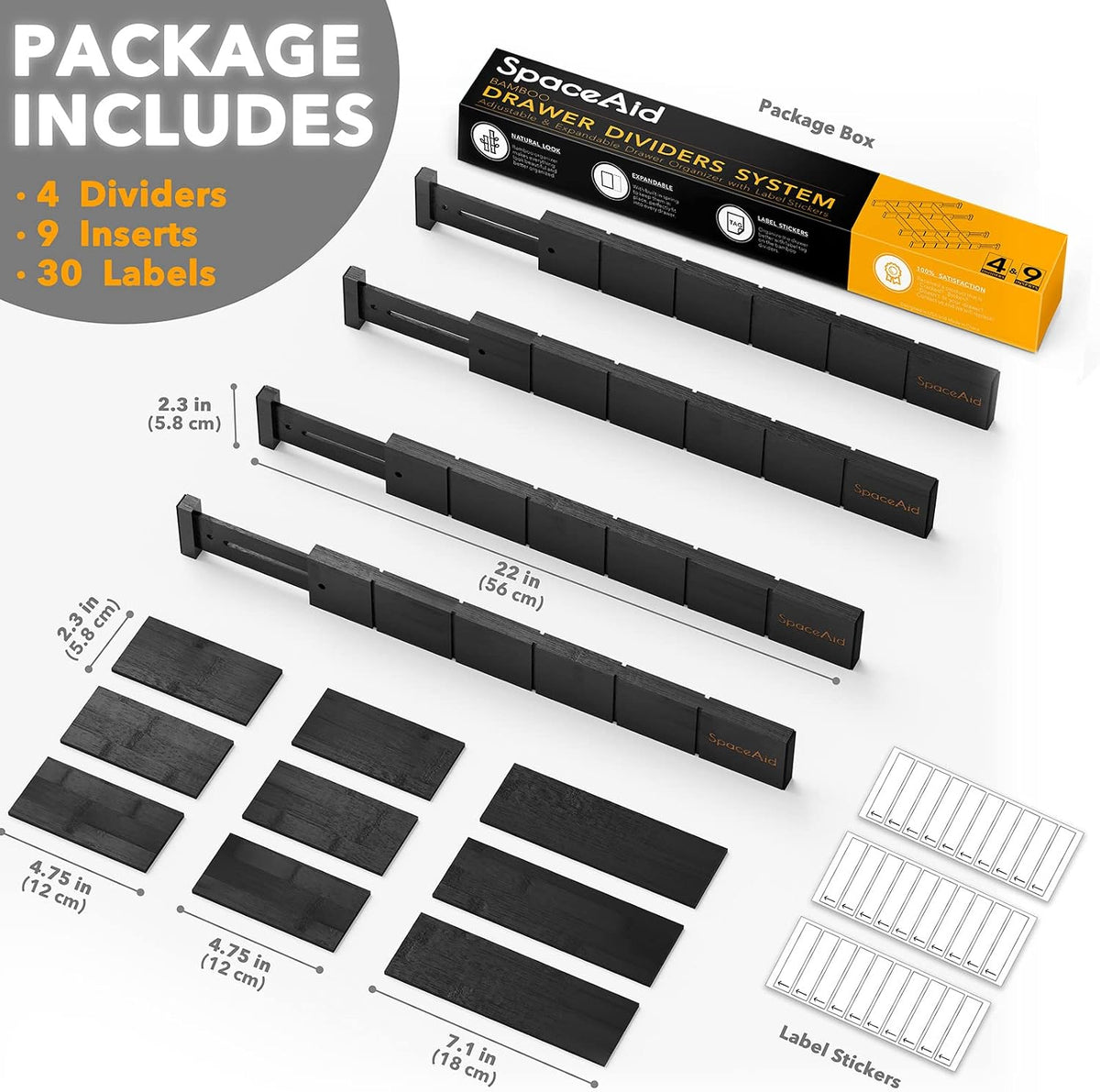 SpaceAid Bamboo Drawer Dividers with Inserts and Labels, Kitchen Adjustable D...