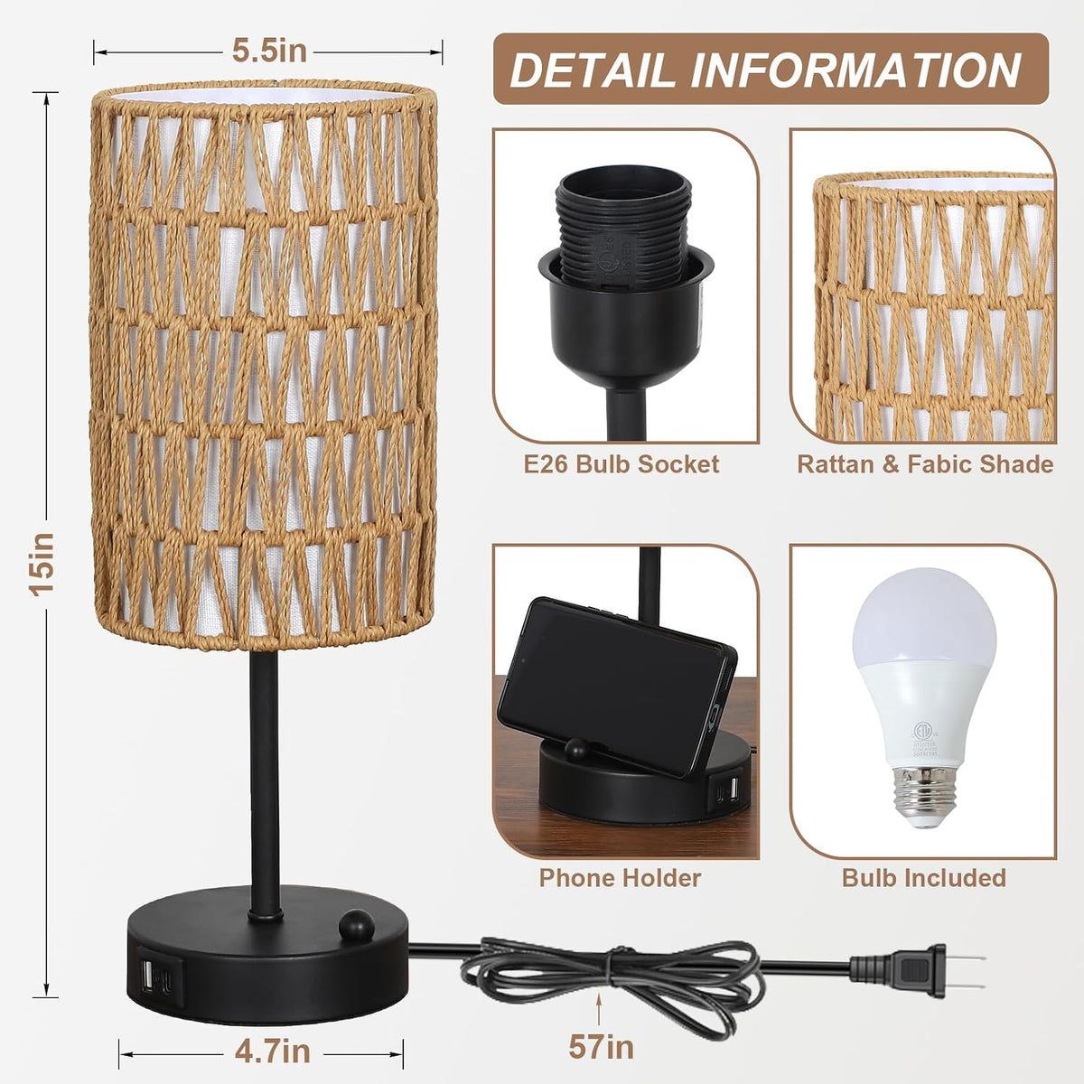 Touch Table Lamp For Bedroom with Bulb, Boho Small Desk Lamp For Living Room ...
