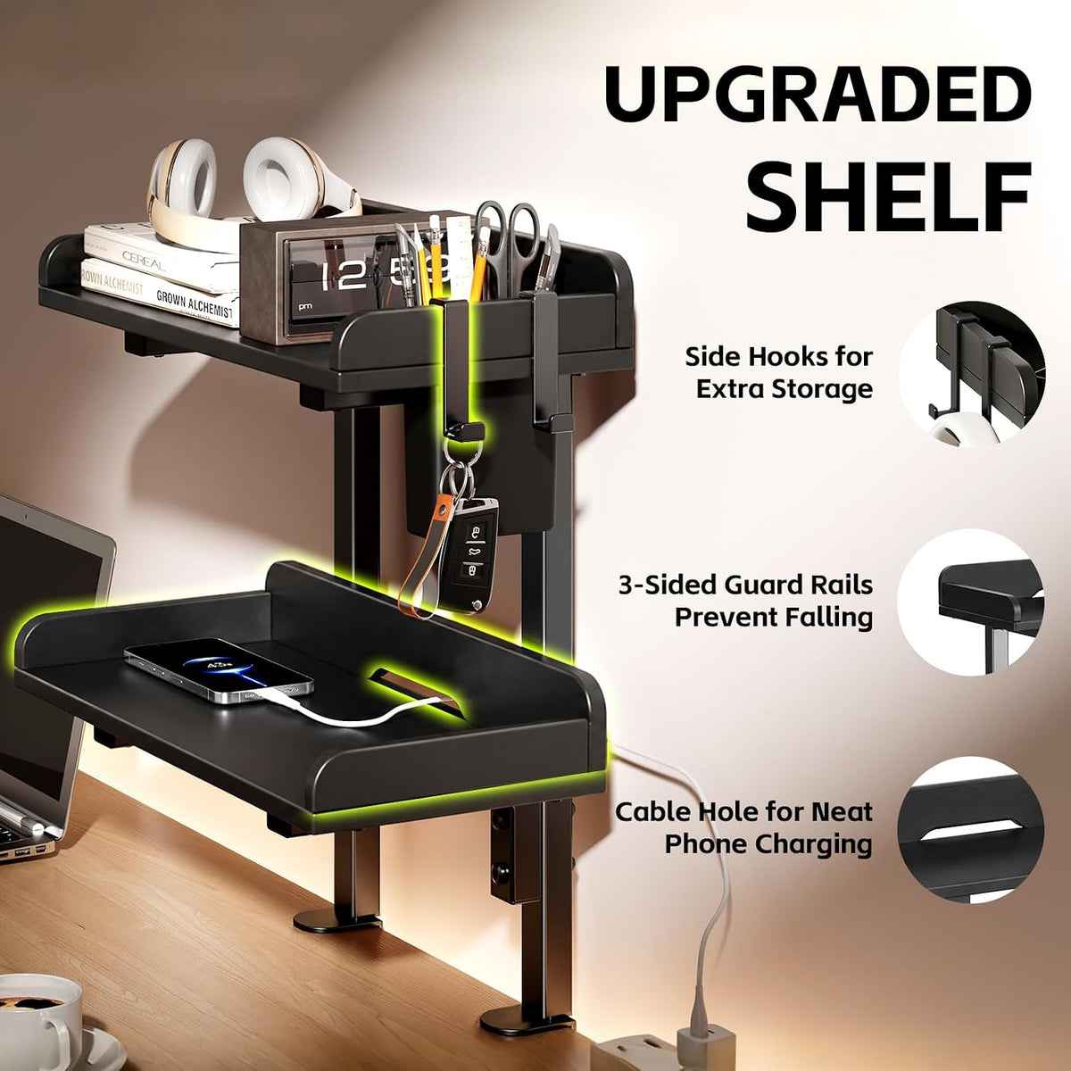 2-Tier Clamp on Wood Desktop Shelf, Adjustable Height Office Desk Organizer