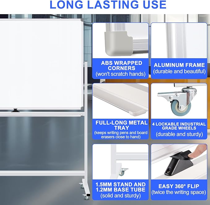 Mobile Magnet Whiteboard with Stand 60x36 Double-Sided Dry Erase Board with - Image 2