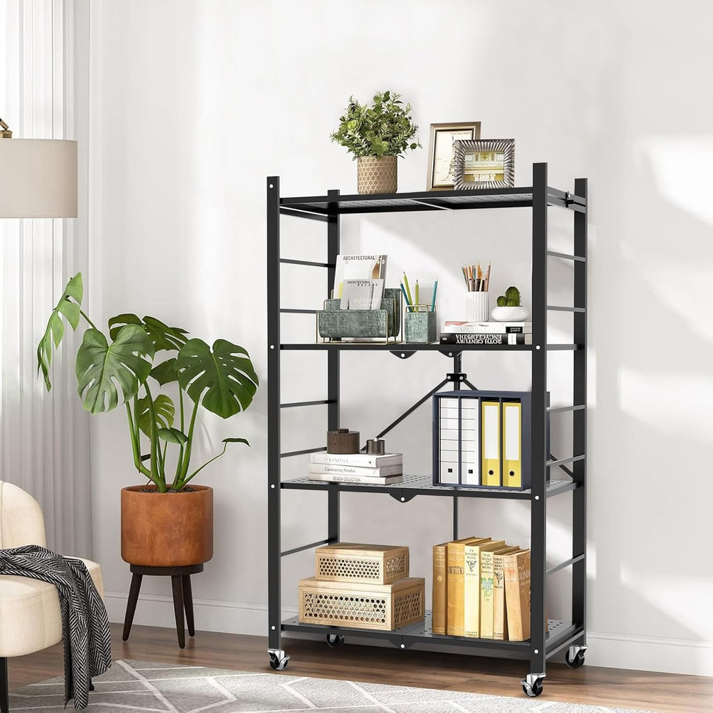himix 4-tier foldable storage shelf with wheels 20 shown in use